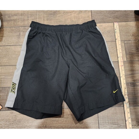 NIKE mens nylon mesh lined shorts Sz Large Black Grey Yellow elastic waist swim - Picture 1 of 3
